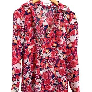 Express Portofino Shirt Women's Red Floral Print‎ Long Sleeve Button Up Blouse S